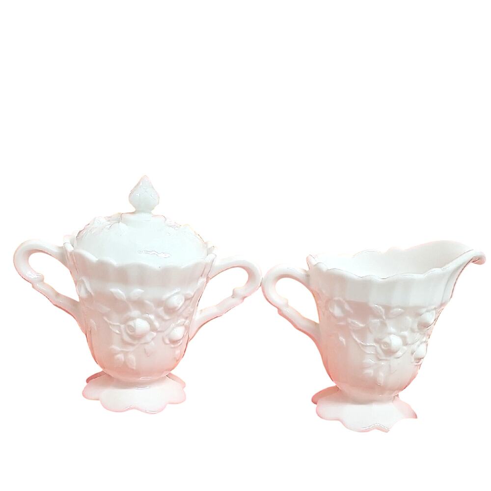 Fenton Cabbage Rose Vintage White Milk Glass Creamer and Sugar Bown Set w/Lid
